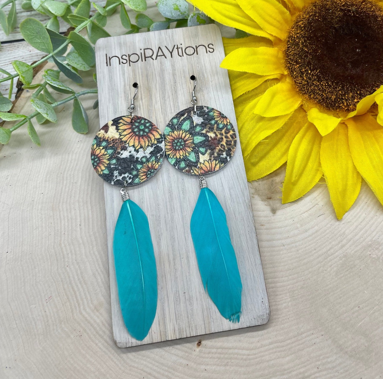 Sunflower cheetah leather earrings with feather dangle  - 3