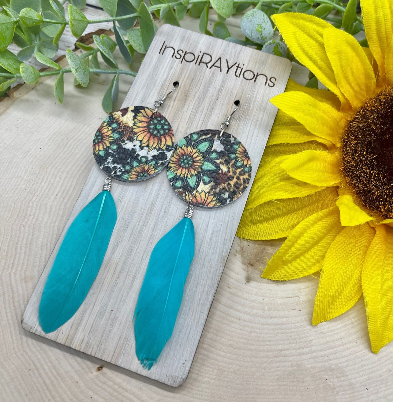 Sunflower cheetah leather earrings with feather dangle  - 2