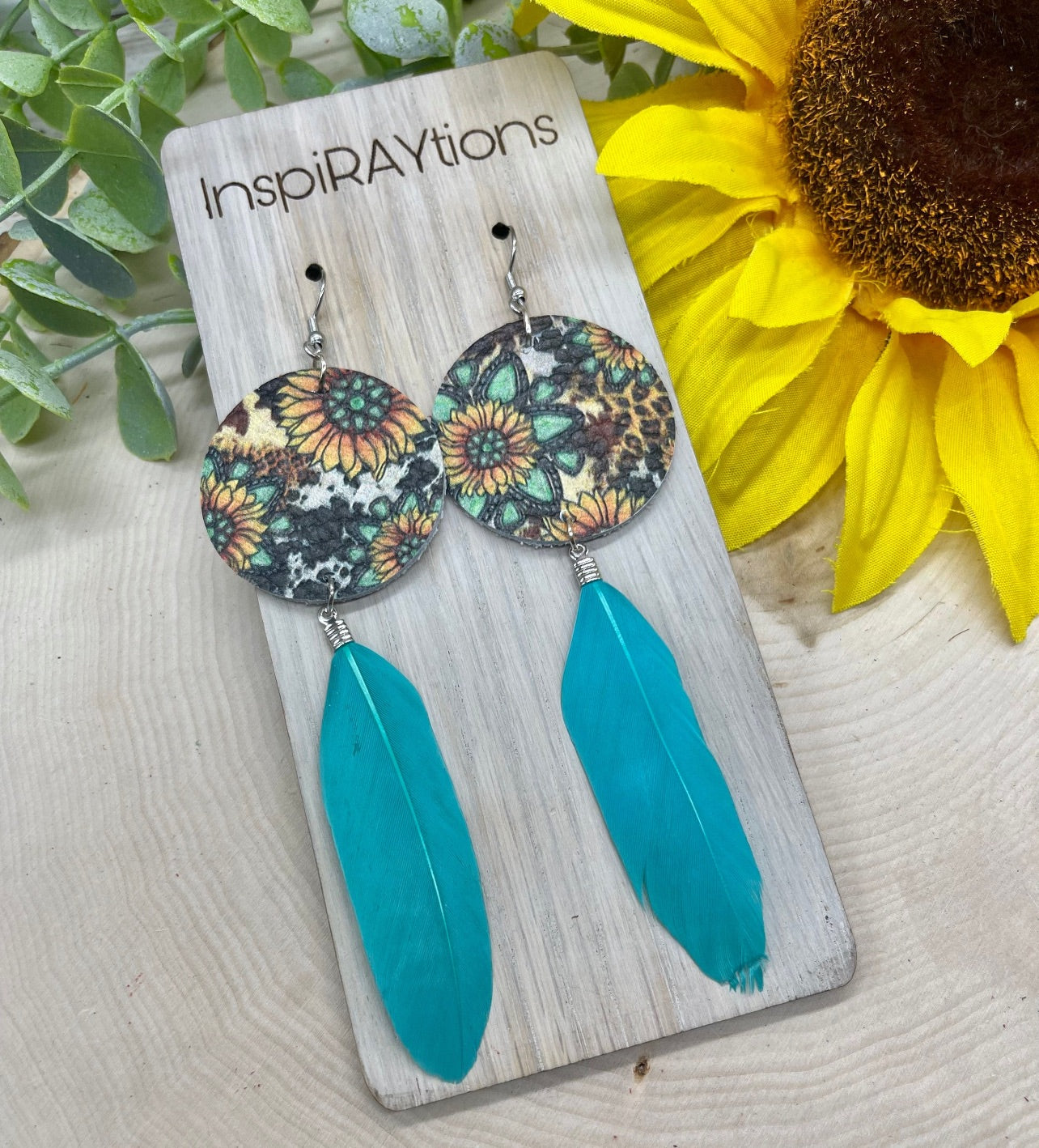 Sunflower cheetah leather earrings with feather dangle  - 4