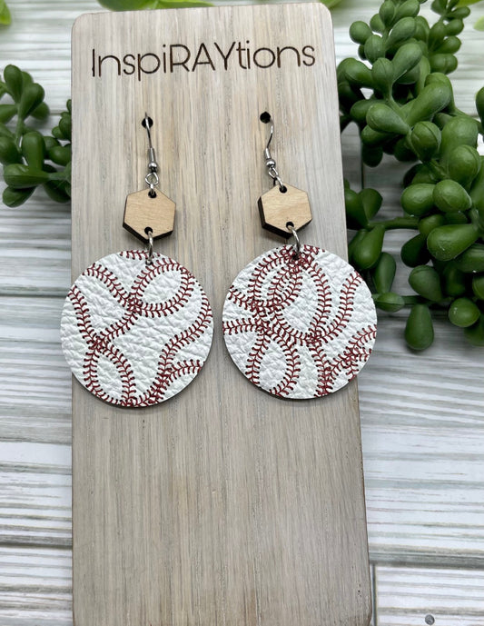 Handmade leather baseball leather earrings with wood connector  - 1