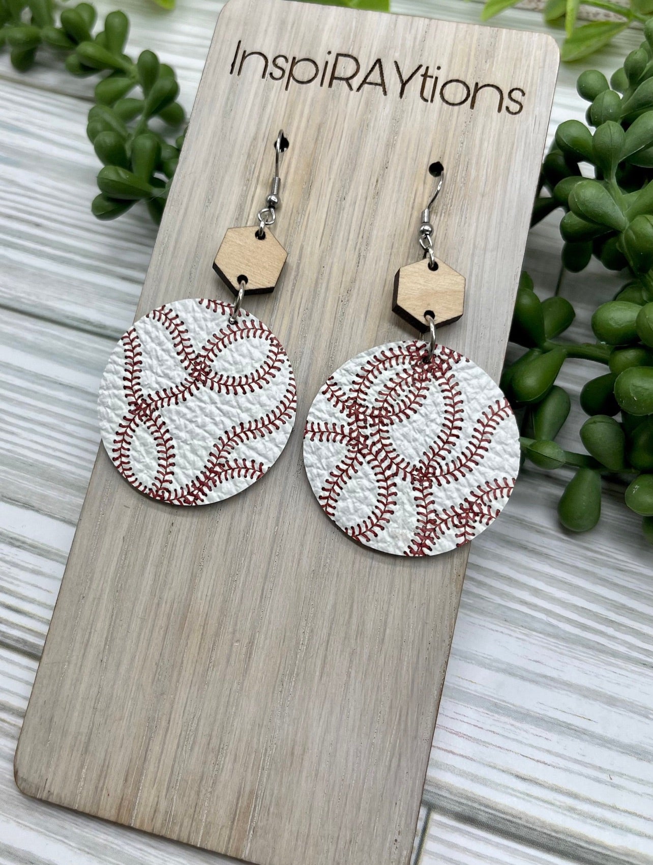 Handmade leather baseball leather earrings with wood connector  - 3