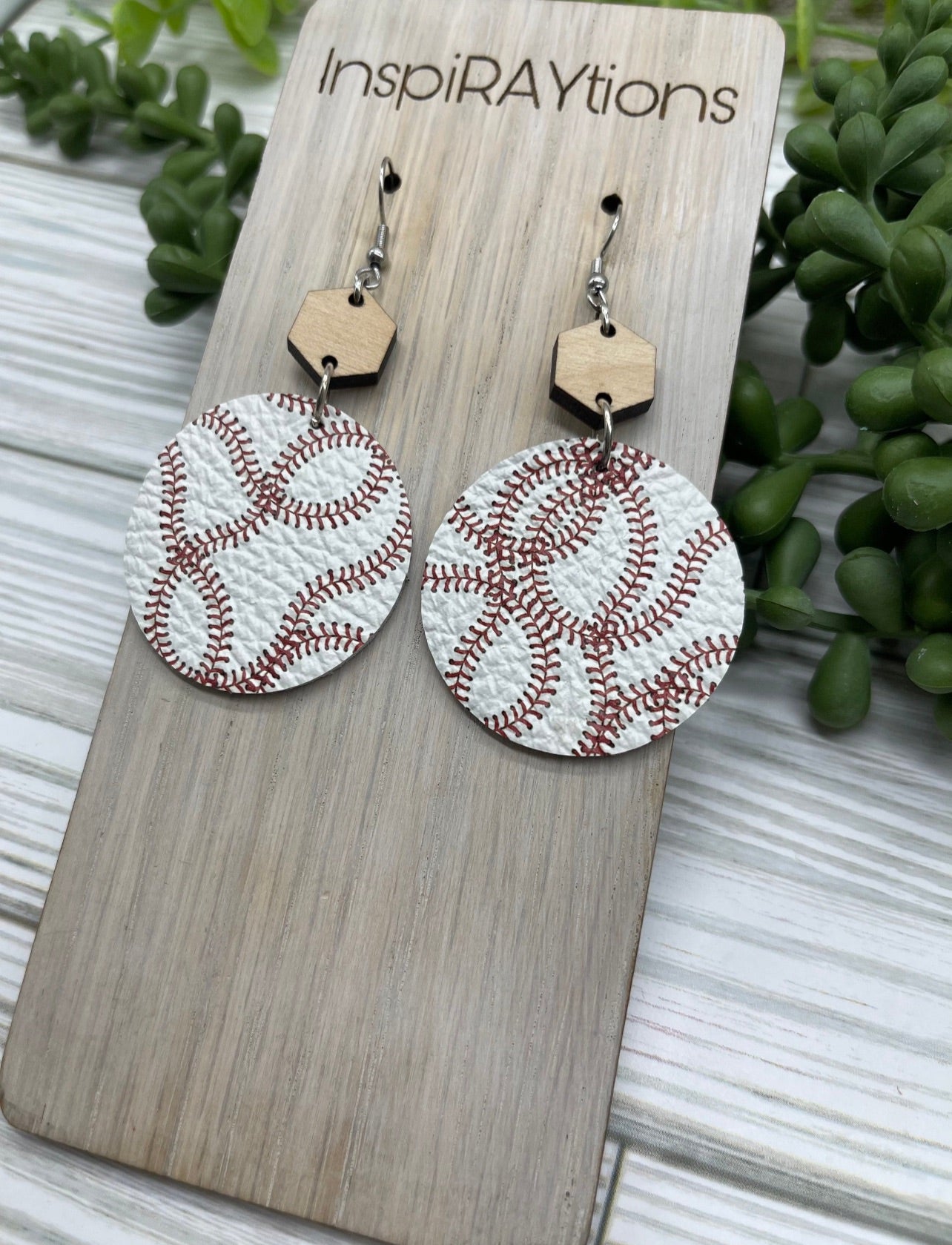 Handmade leather baseball leather earrings with wood connector  - 2