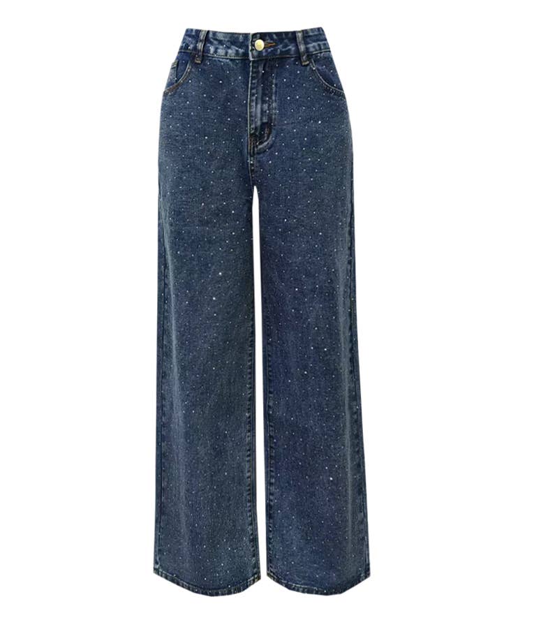 Shiny Rhinestone Straight Wide-Leg Jeans