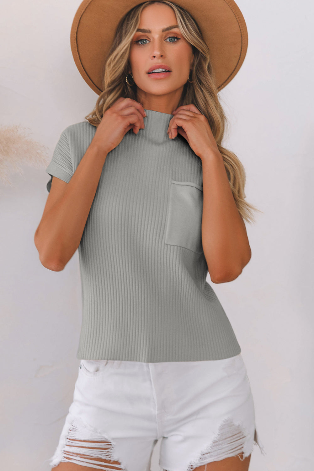 Patch Pocket Ribbed Knit Short Sleeve Sweater