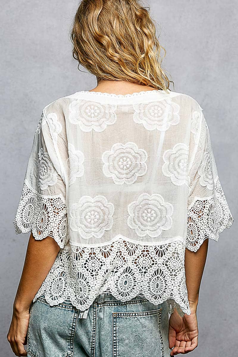 POL Crochet Trim Neckline Short Sleeve Jacket Top