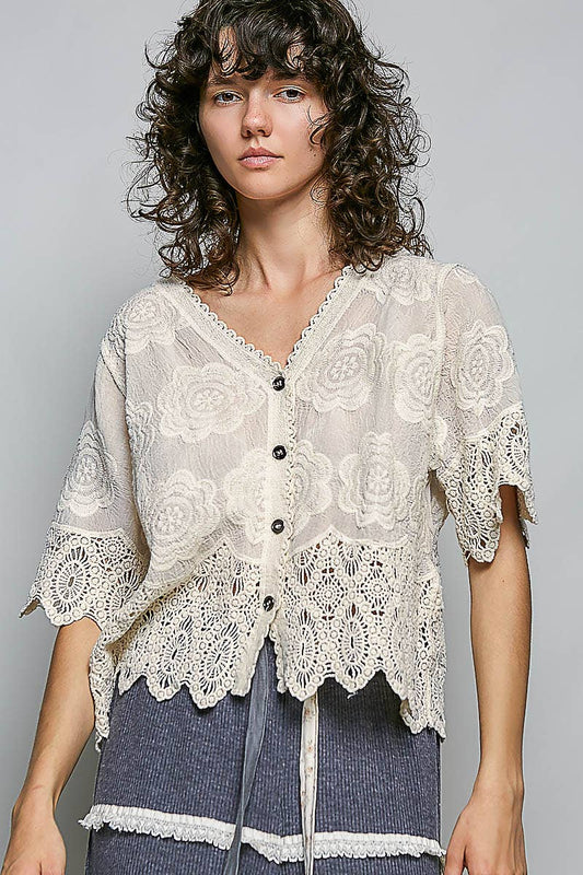 POL Crochet Trim Neckline Short Sleeve Jacket Top