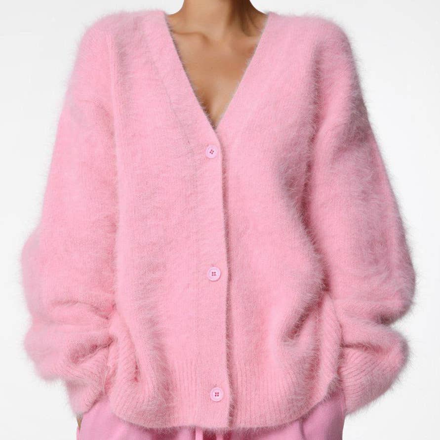 Demure Fluffy Button-down V-neck Cardigan