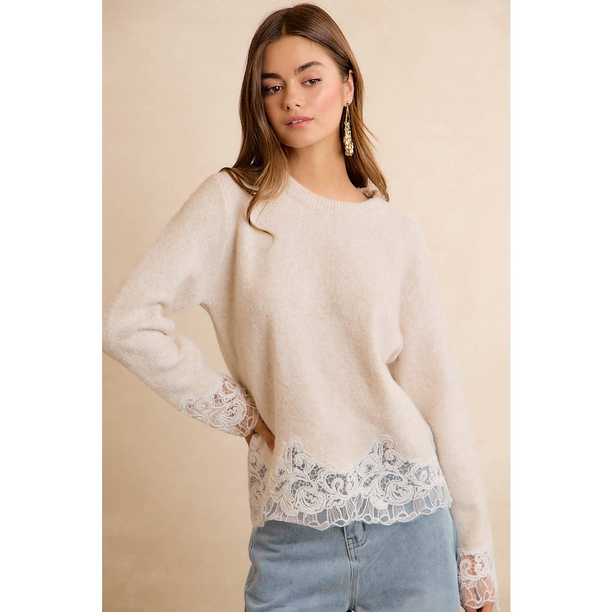LACE HEM DETAIL CREW NECK SWEATER