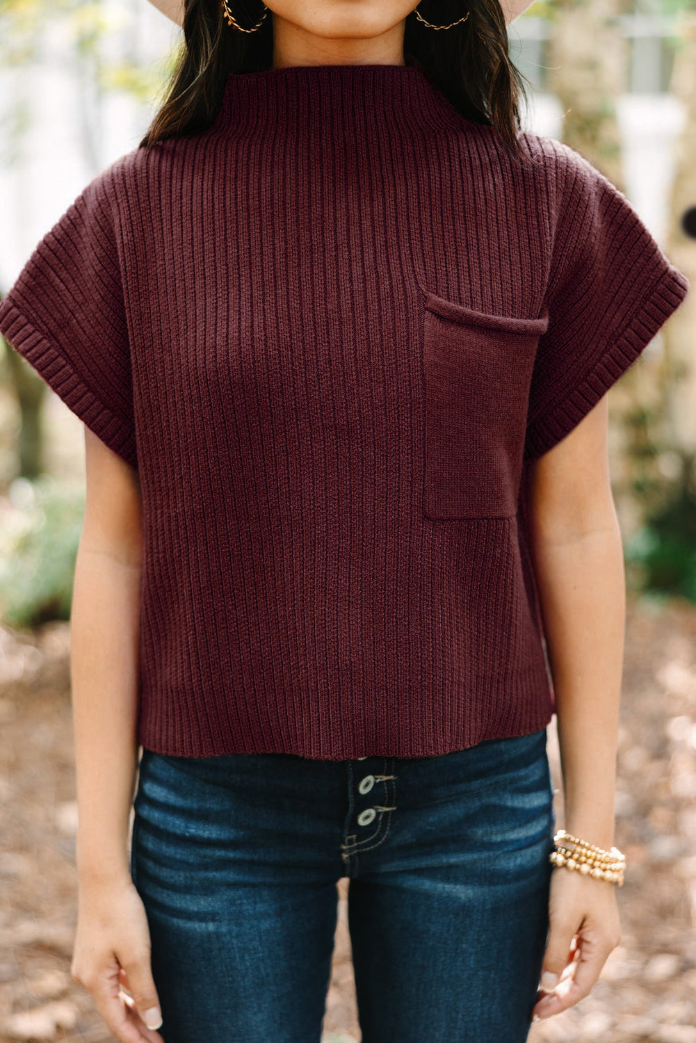 Patch Pocket Ribbed Knit Short Sleeve Sweater