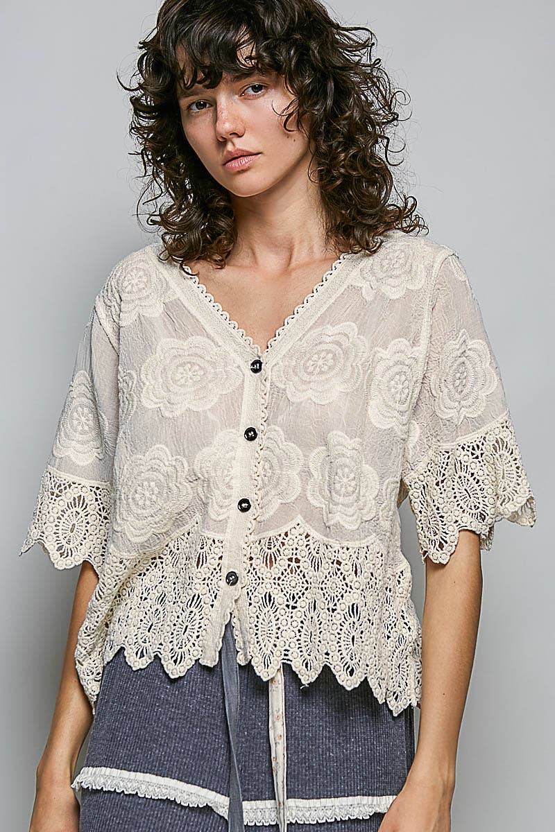 POL Crochet Trim Neckline Short Sleeve Jacket Top