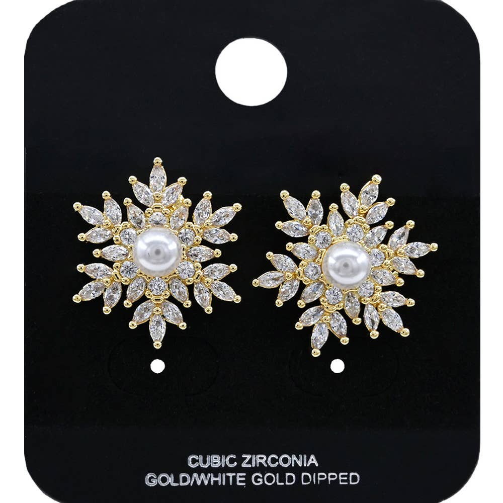 Gold or Silver Pearl  CZ Stone Snowflake Stud Earrings