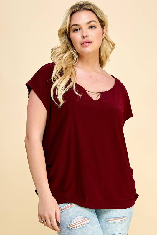 PLUS SIZE GOLD TRIM BAR BROUND NECK TOP