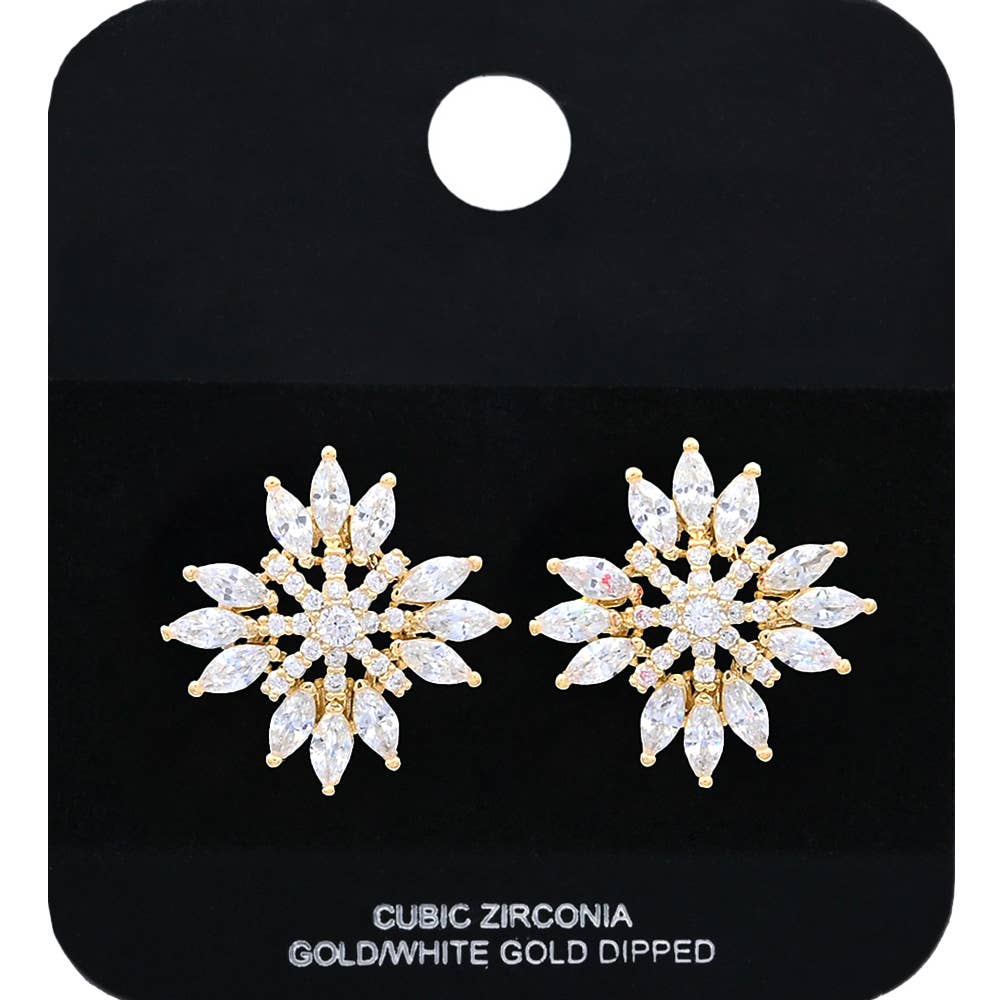 Gold Dipped Radiant CZ Stone Snowflake Stud Earrings