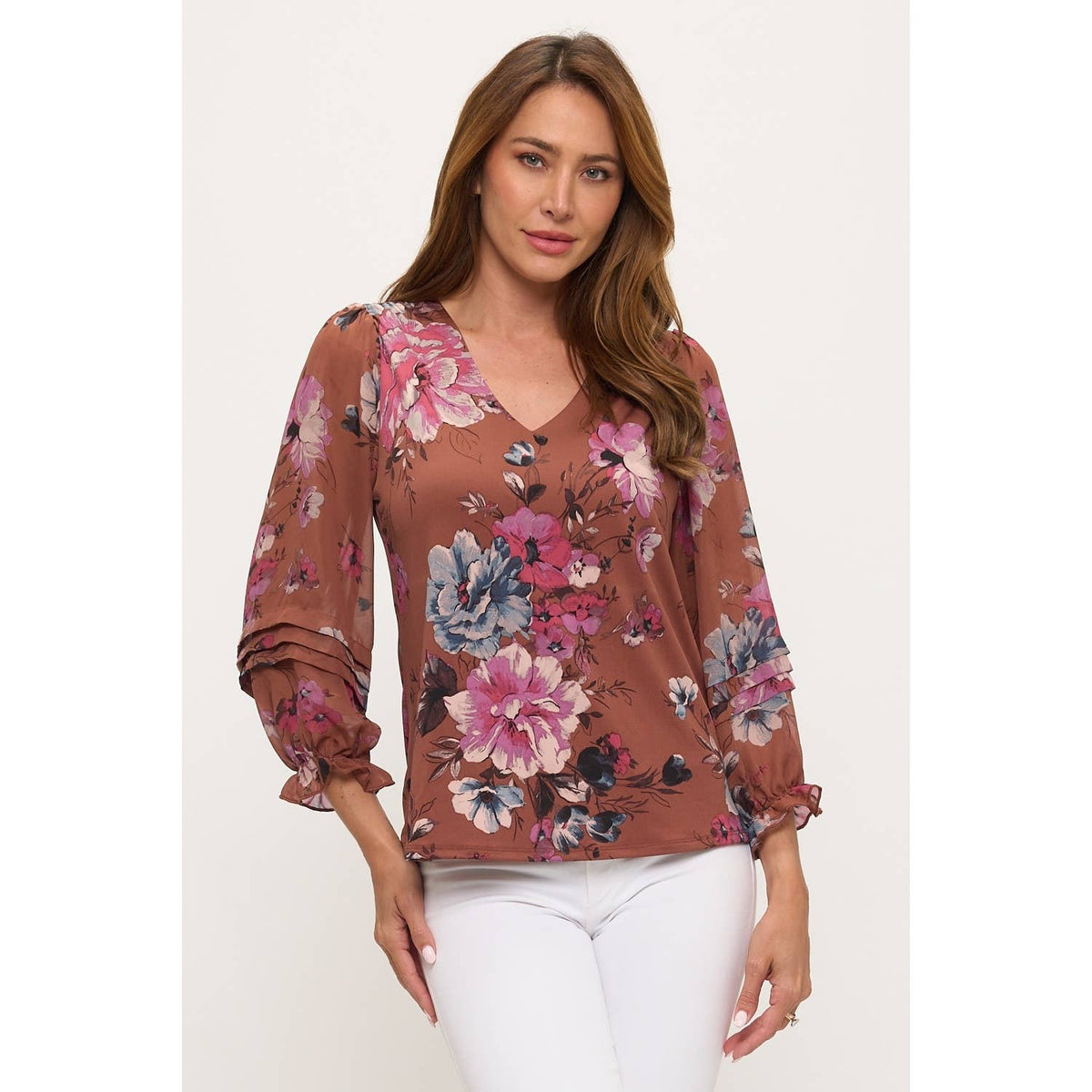 PINTUCK FLORAL V NECK BLOUSE
