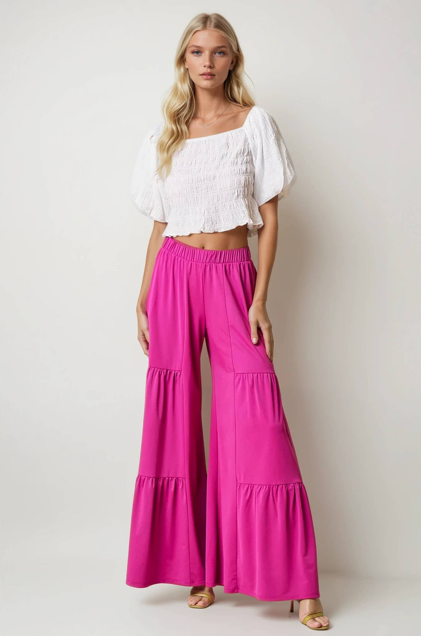 Wisteria Lane HOT PINK TIERED STRETCHTY YOGA PALAZZO PANTS