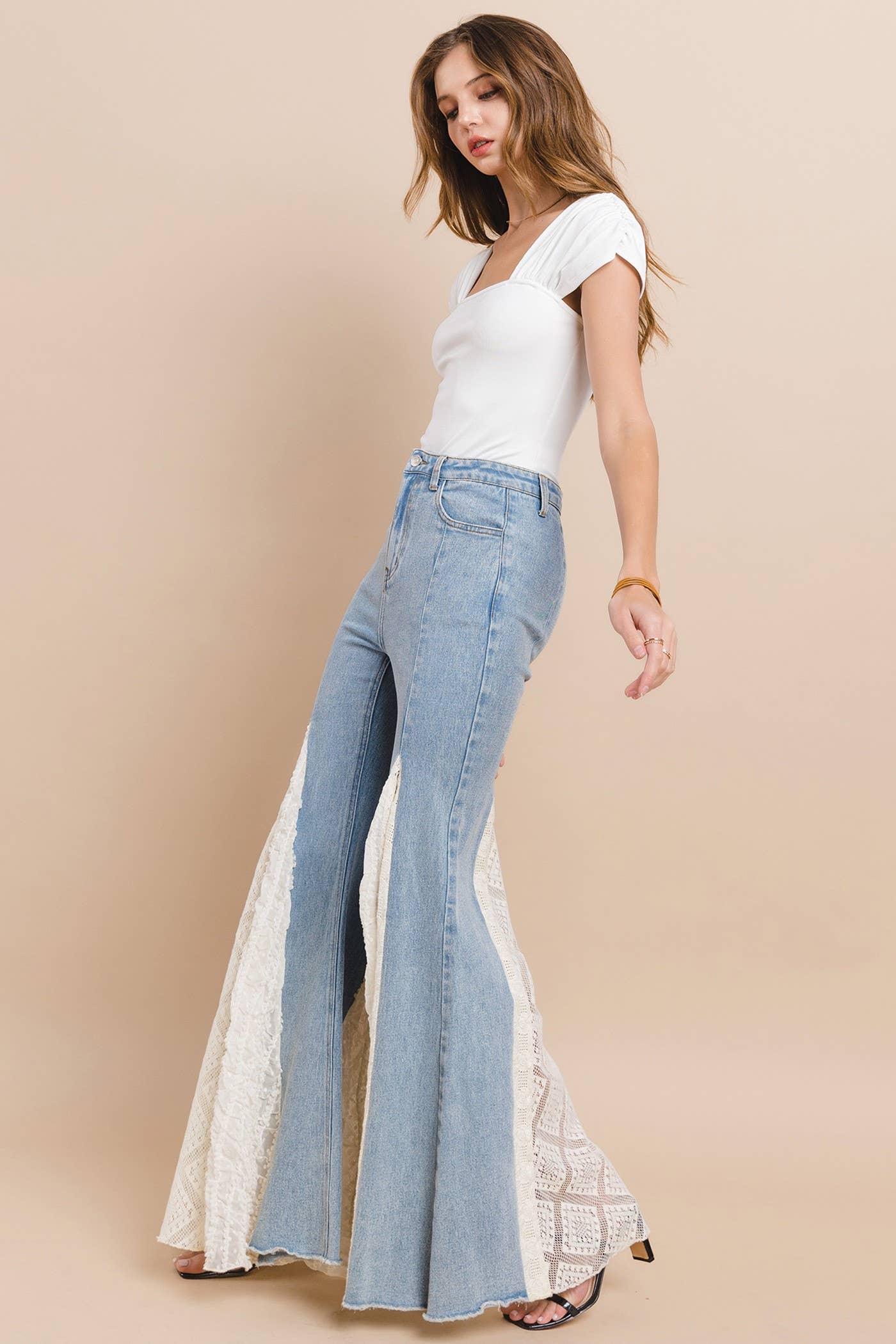 Wisteria Lane LACE DETAIL WIDE LEG JEANS