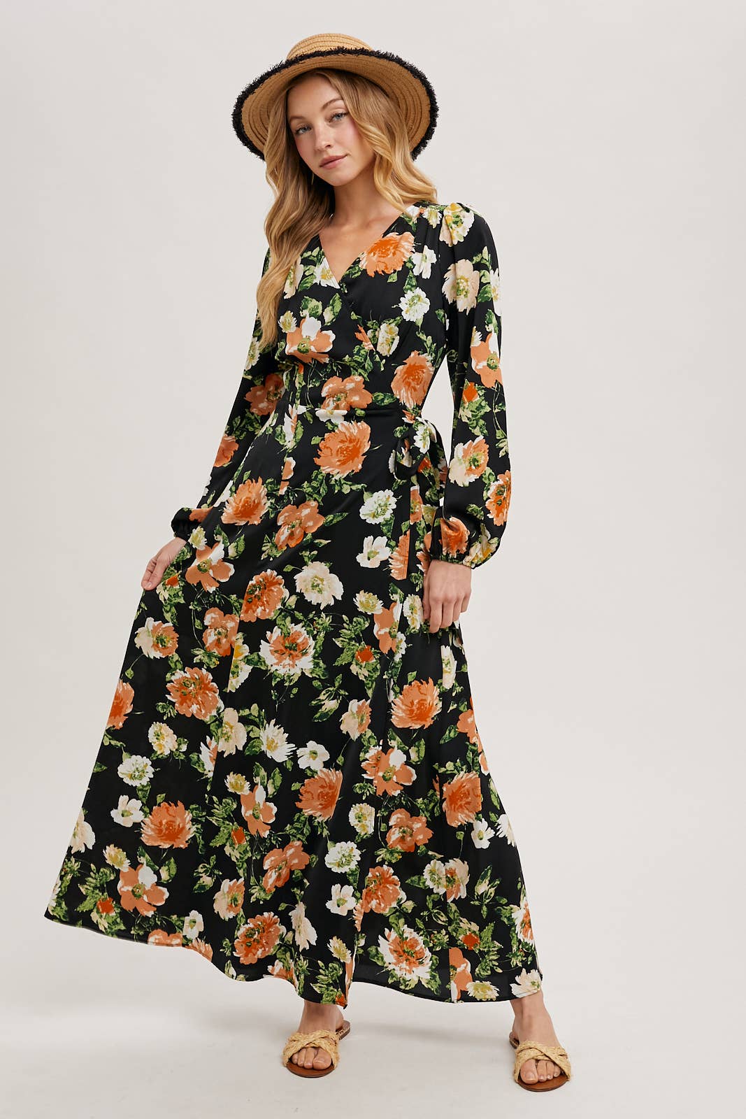 FLORAL SATIN WRAP MAXI DRESS