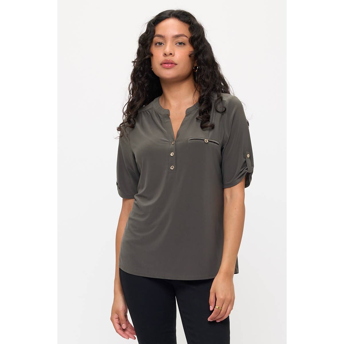 ITY HALF PLACKET FAUX POCKET SHIRT
