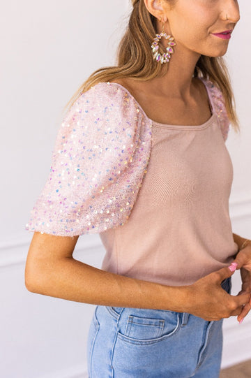 Rose Quartz Sequin Puff Sleeve Top