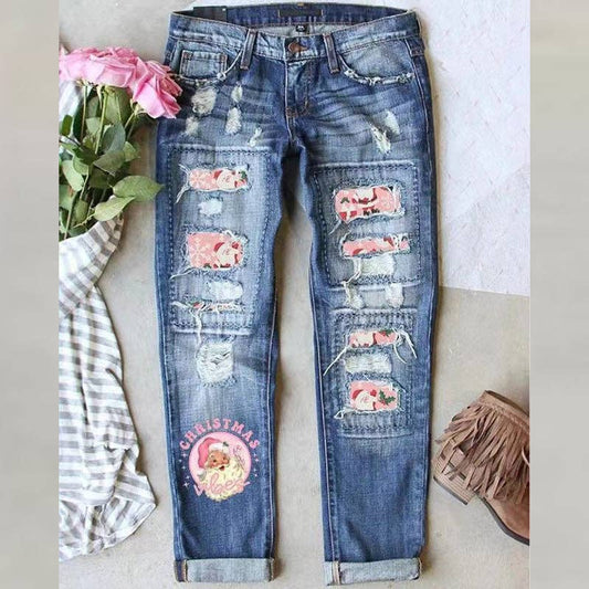 Santa Print Patch Ripped Jeans Women Christmas Denim