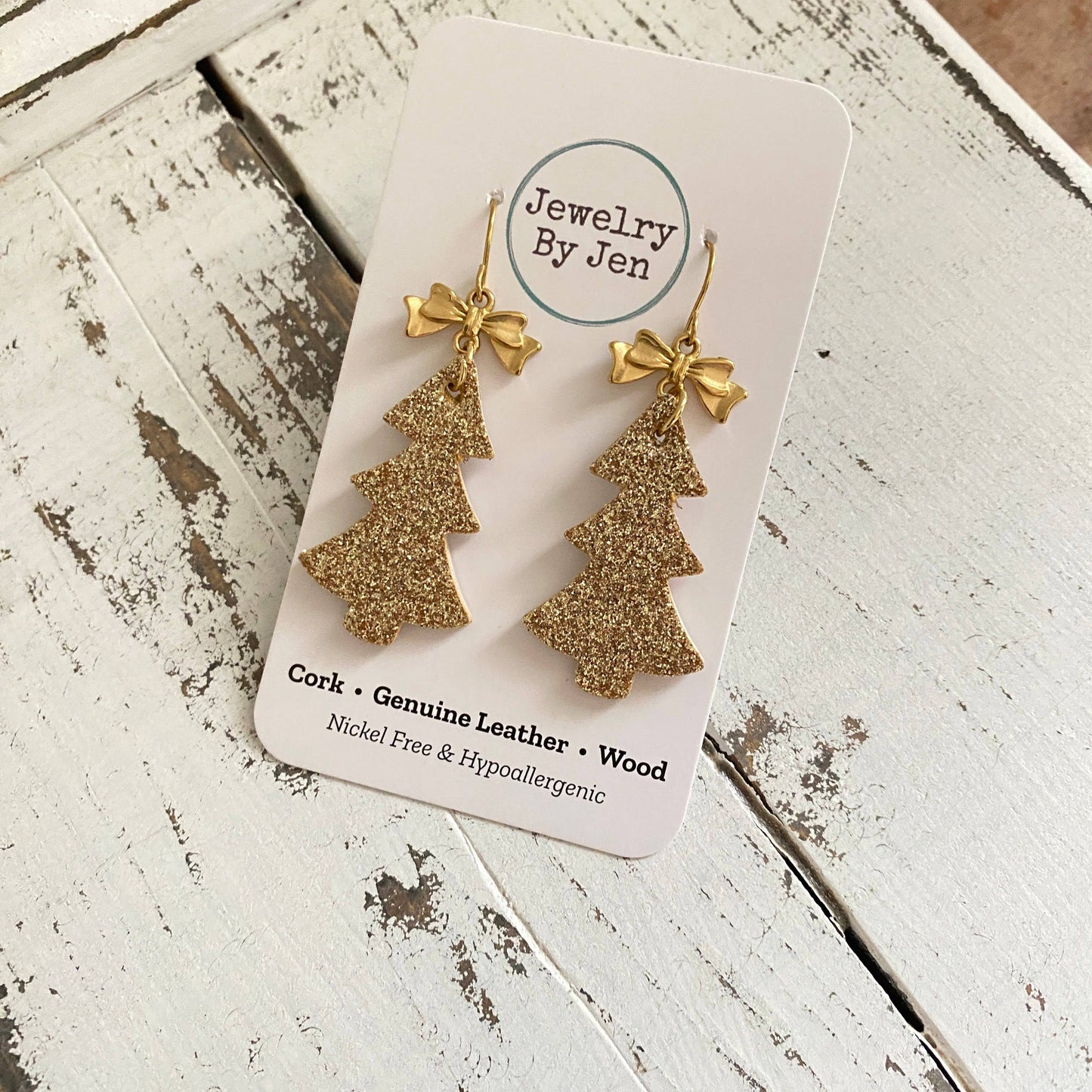 Christmas Tree Earrings: Gold Fine Glitter w/Bow Charm