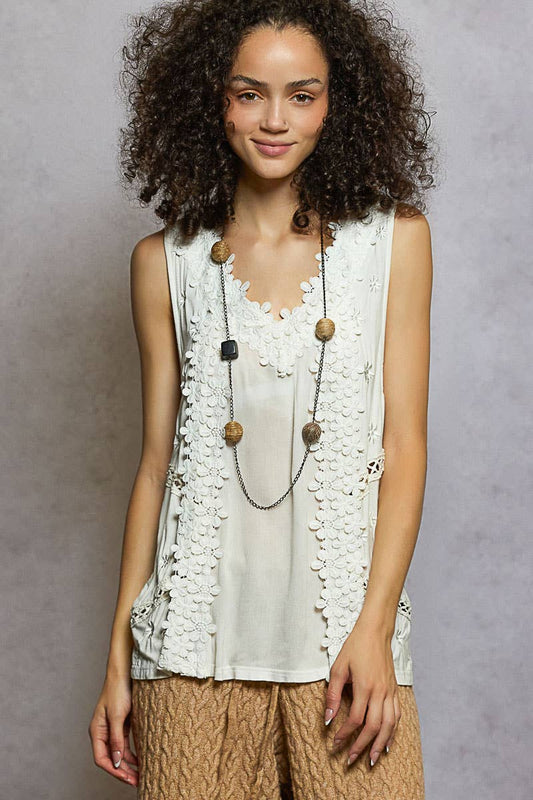 Sleeveless contrast floral lace crochet detail v-neck top