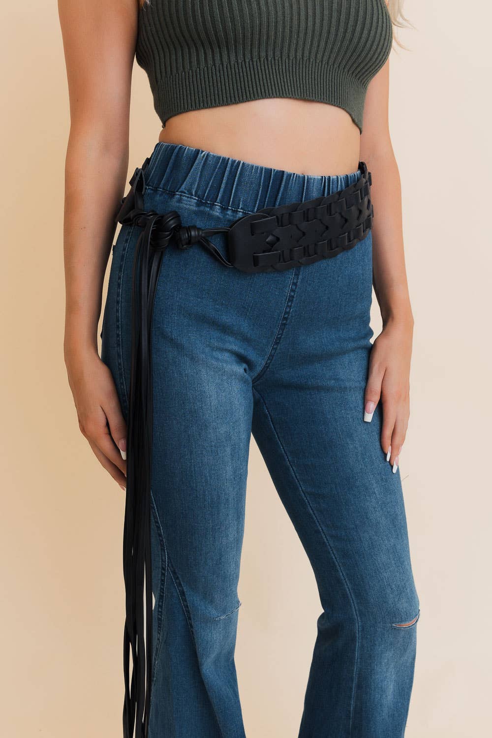 Woven Leather Waist Tie Up Belt