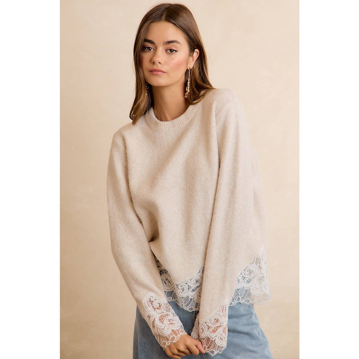 LACE HEM DETAIL CREW NECK SWEATER