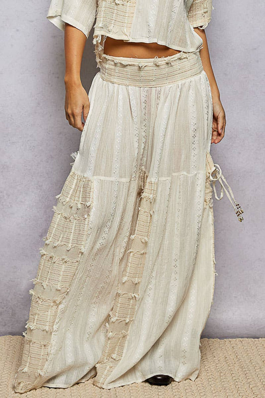 POL Boho Ruffle Contrast Shell Trim Wide Leg Pants