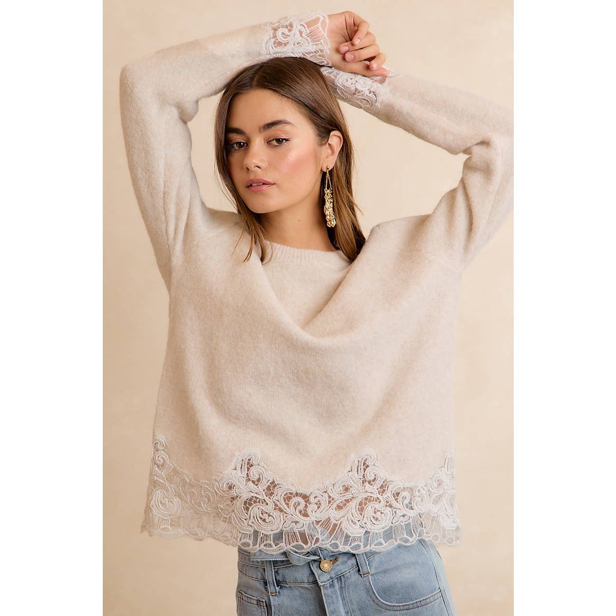 LACE HEM DETAIL CREW NECK SWEATER