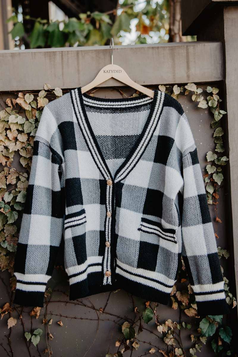 Plaid Gold Button Knitted Cardigan