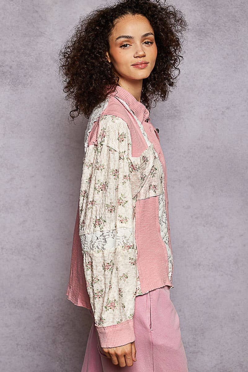 Oversized floral contrast front pockets shirt SALE