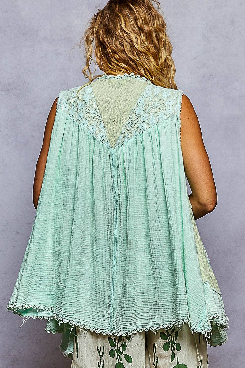 Open front embroidered pearls sleeveless cardigan top SALE