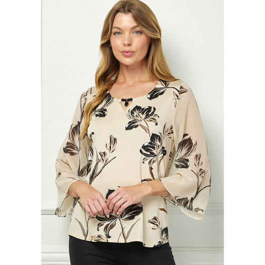 VINTAGE BLOSSOM KEYHOLE NECKLINE KNIT BLOUSE