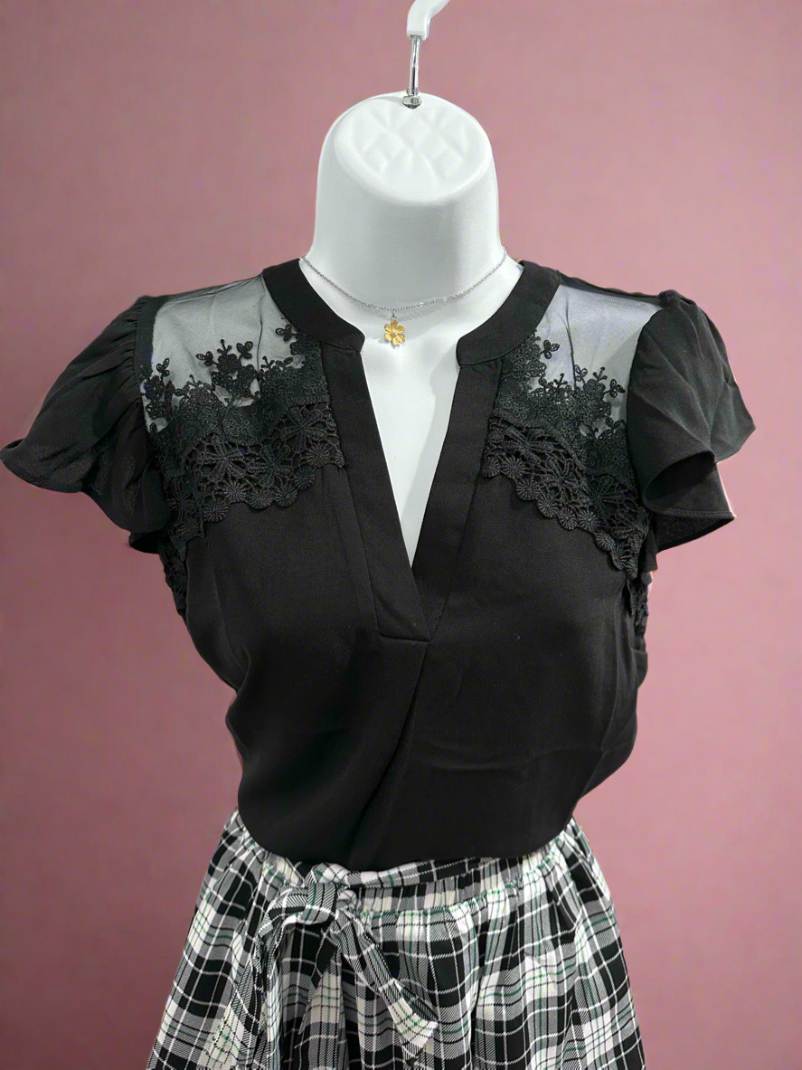 Black Lace and Frill Sleeve Blouse