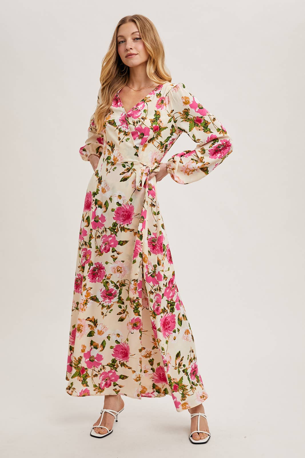 FLORAL SATIN WRAP MAXI DRESS