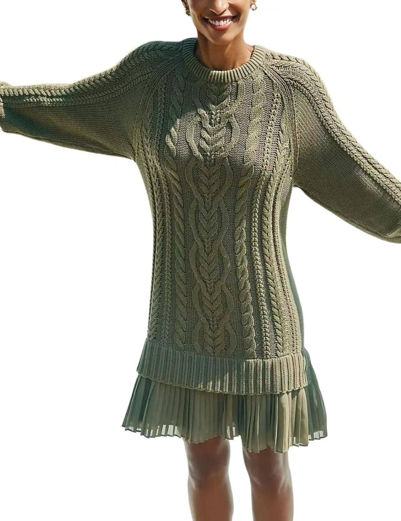 Fashion Patchwork Mesh Cable Knit Sweater Dress