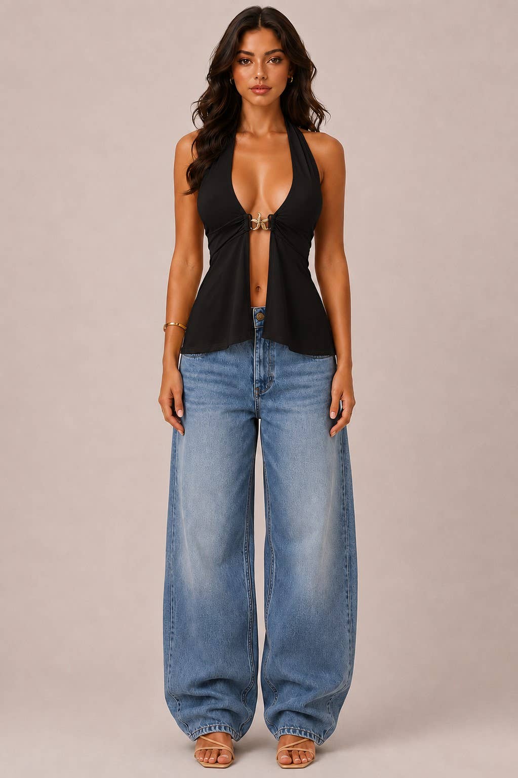 JK57113 - HALTER NECK STARFISH BUCKLE TRIM TANK TOP