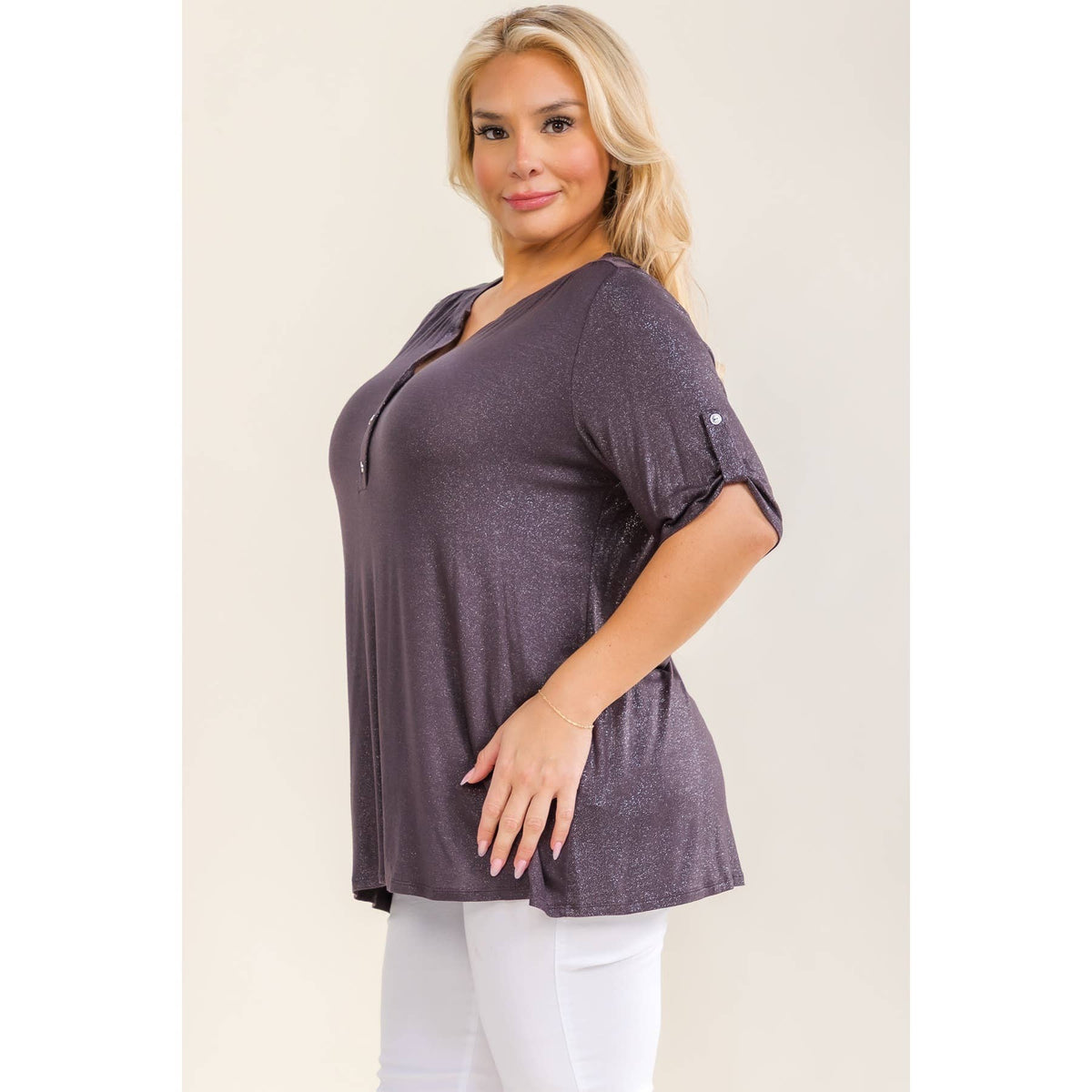 PLUS BUTTON FRONT GLITTER SHIRT