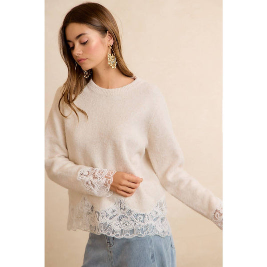 LACE HEM DETAIL CREW NECK SWEATER
