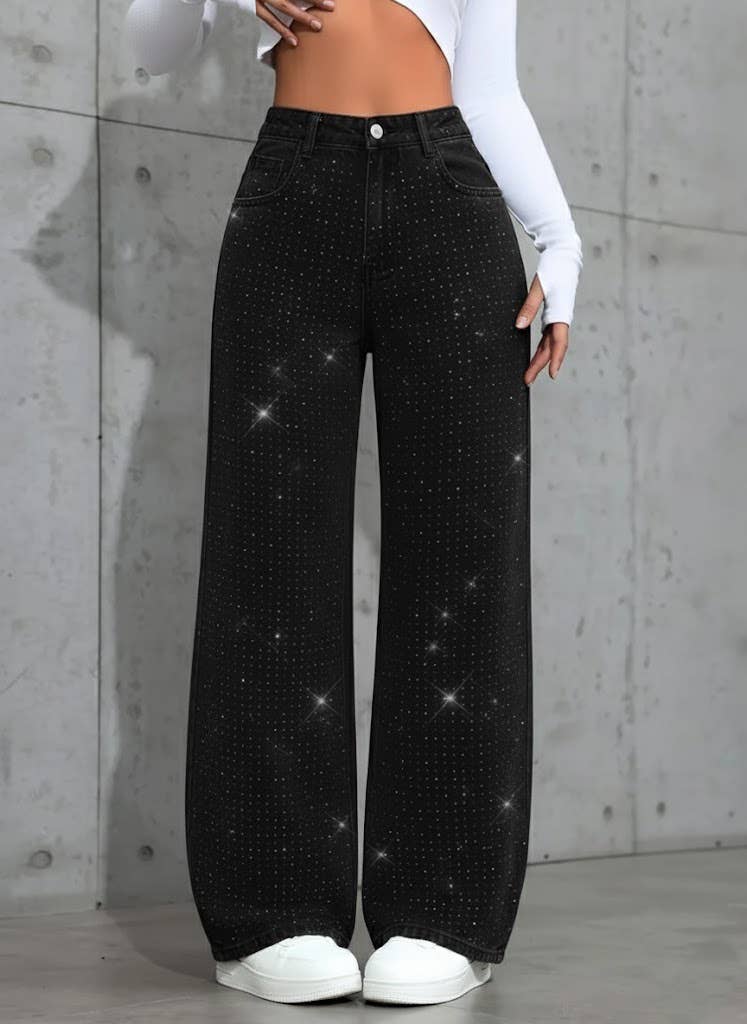 Shiny Rhinestone Straight Wide-Leg Jeans