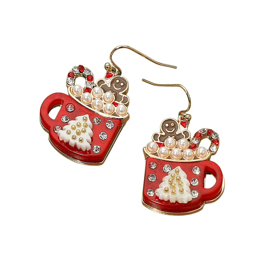 Gingerbread Man Pearl Christmas Mug Dangle Earrings