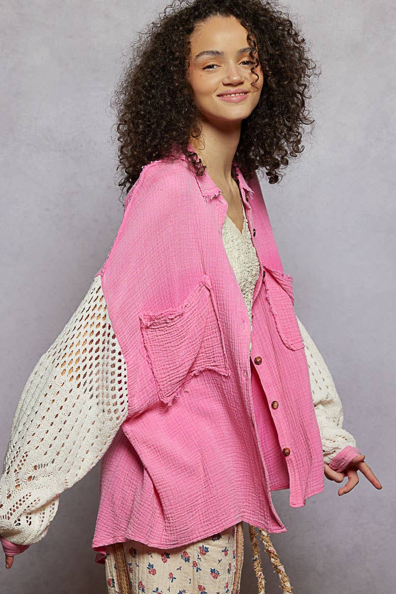 Contrast sweater sleeves chest pockets shirt SALE