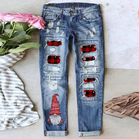 Plaid Patch Christmas Gnome Ripped Jeans Women Denim
