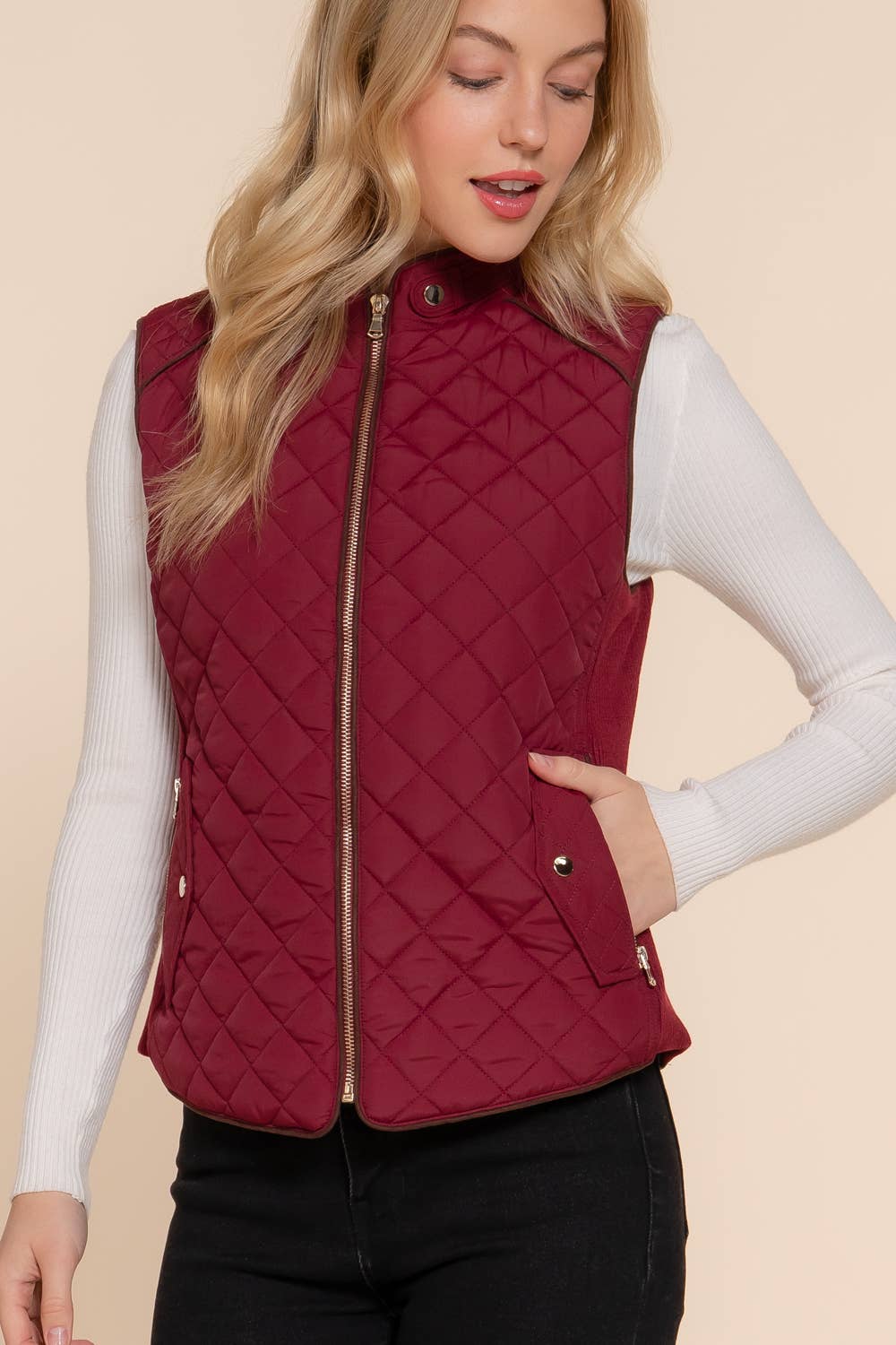 Suede Piping Rib Quilted Padding Jacket / Vest
