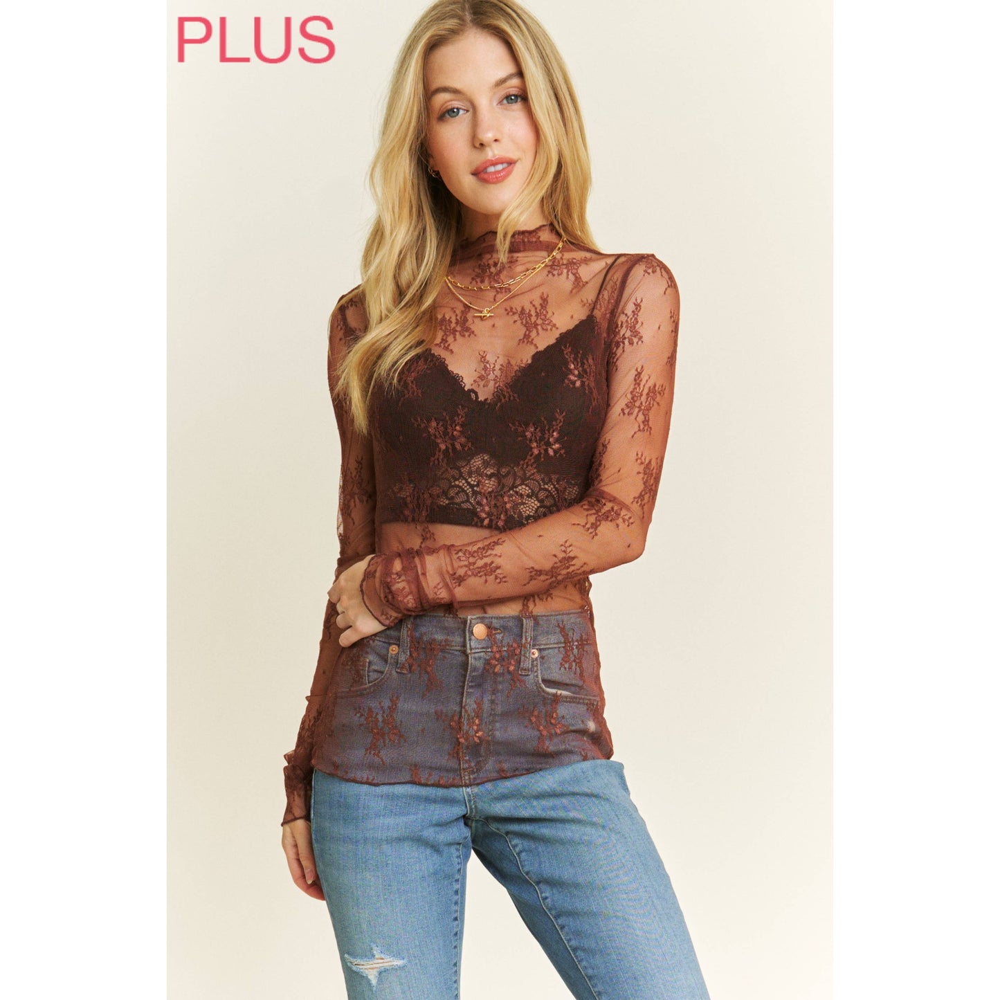 PLUS MESH LACE HIGH NECK DESIGN LONG SLEEVE FITTED TOP