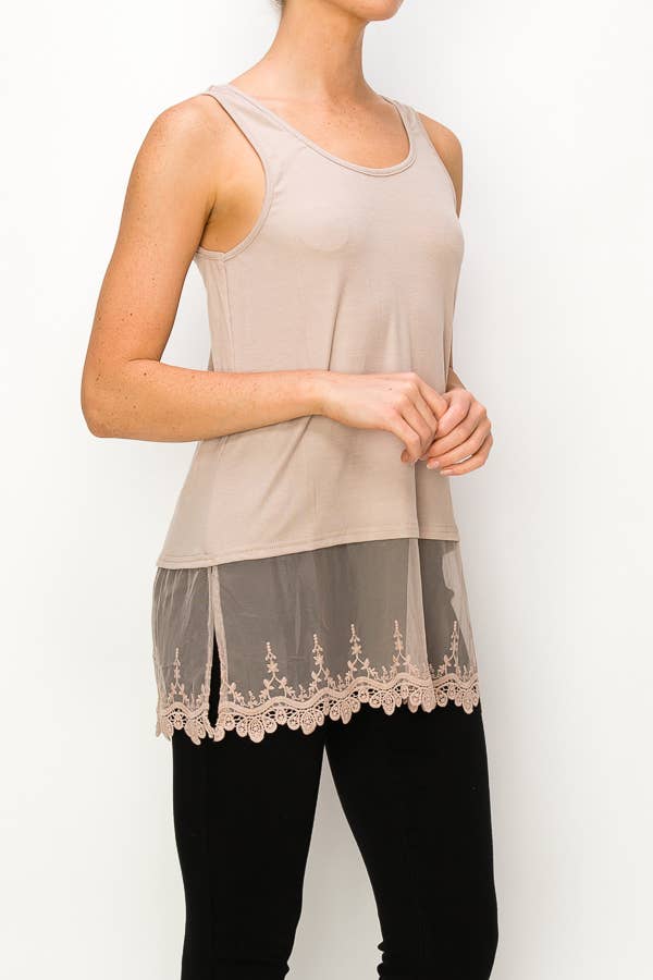 Soft Relaxed Tank With Delicate Floral Laced Hem