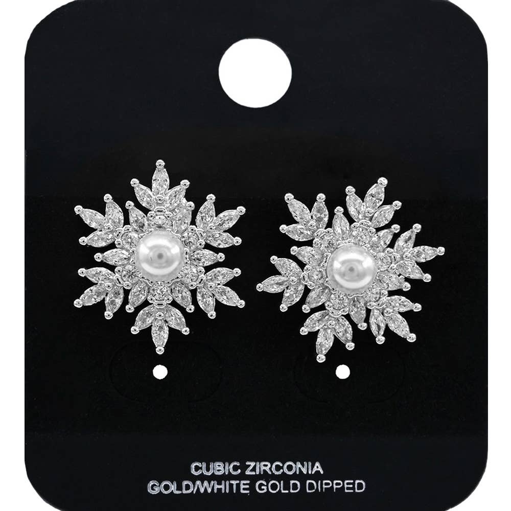 Gold or Silver Pearl  CZ Stone Snowflake Stud Earrings