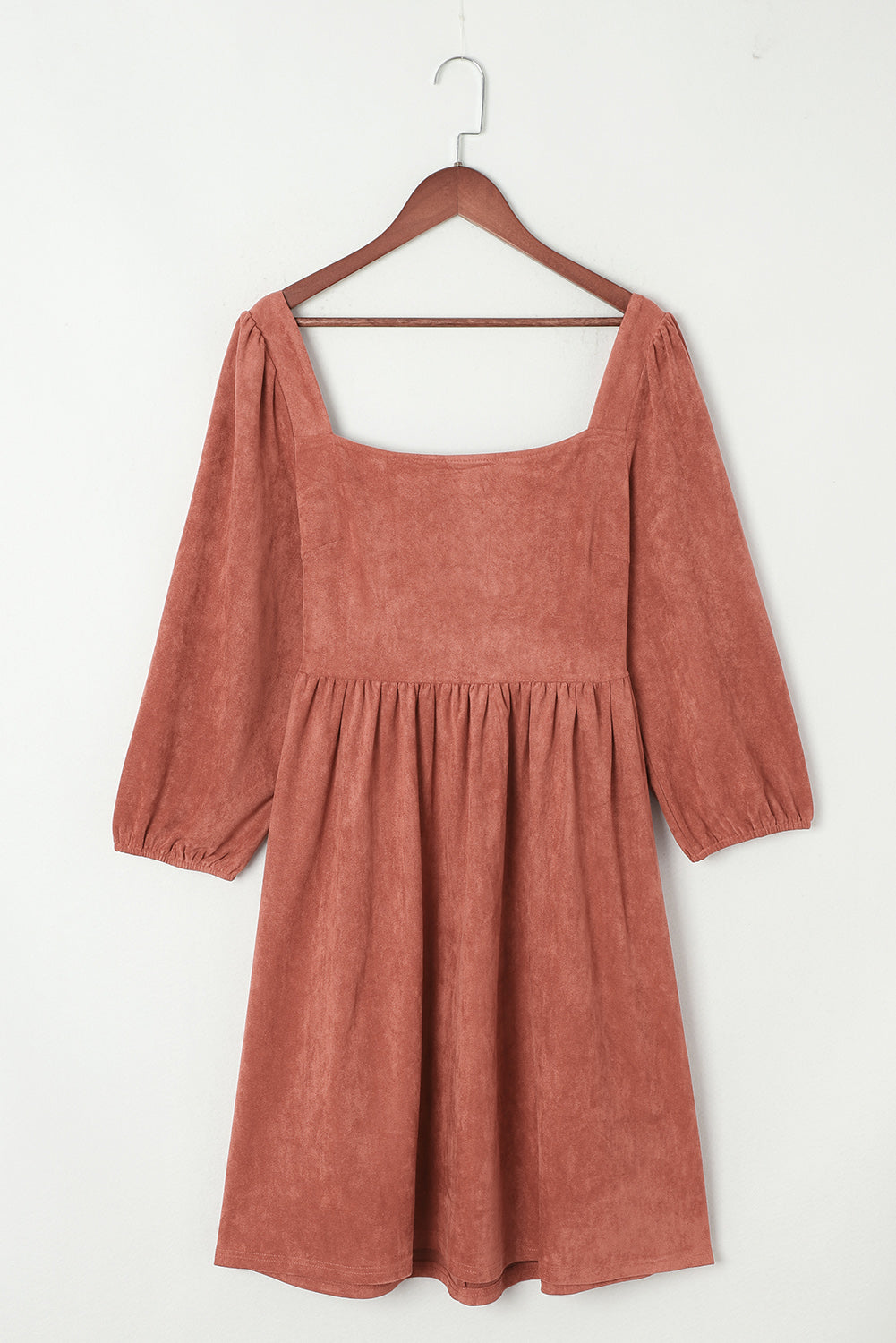 Brown Suede Square Neck Puff Sleeve Dress