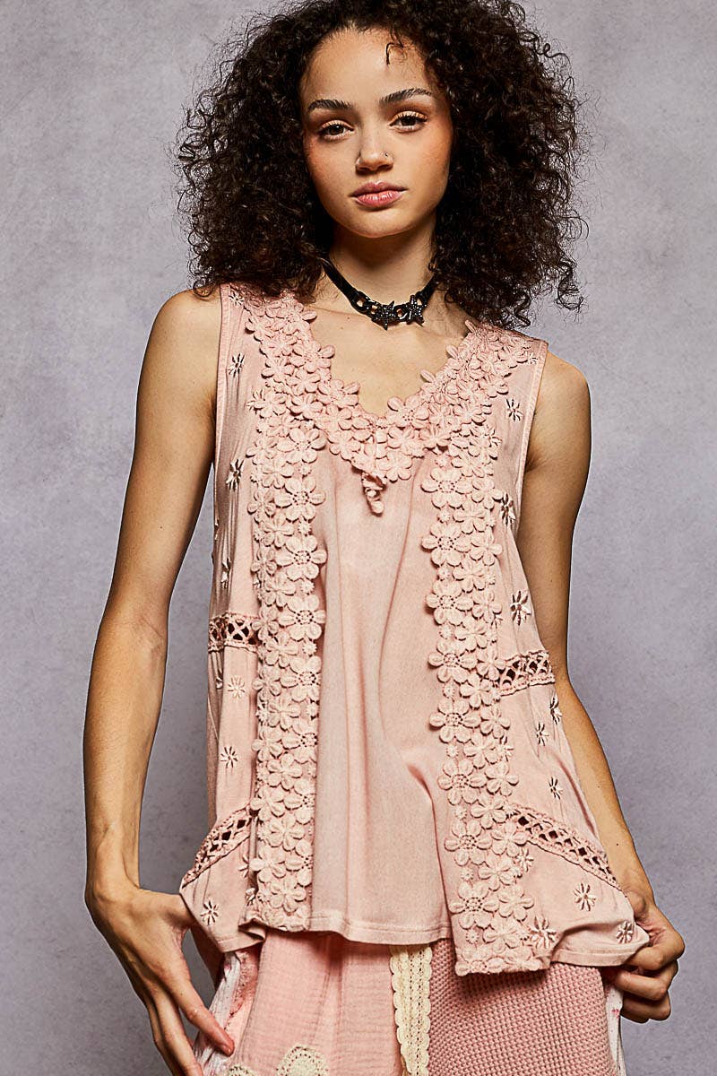 Sleeveless contrast floral lace crochet detail v-neck top